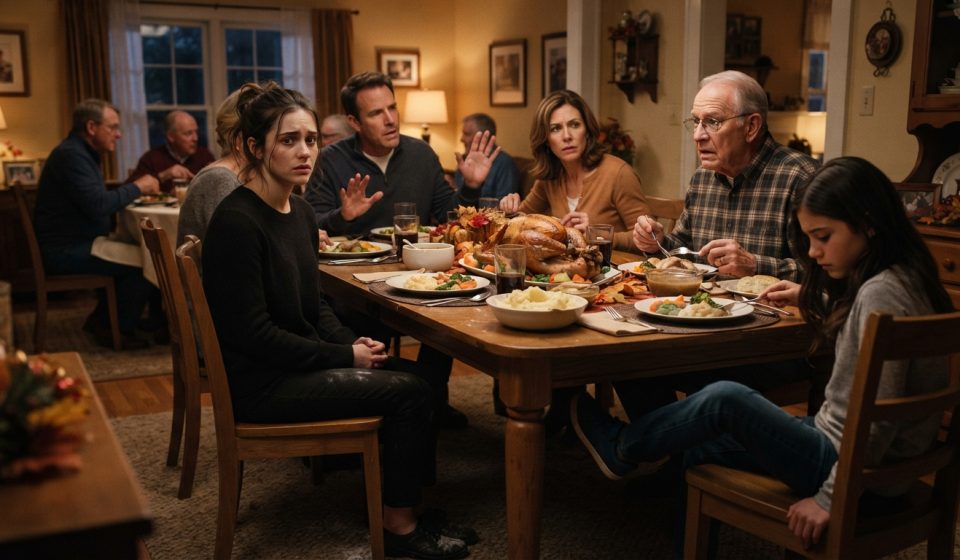 Grandfather setting down his fork in concern while his 22-year-old granddaughter sits quietly at a tense family Thanksgiving dinner.