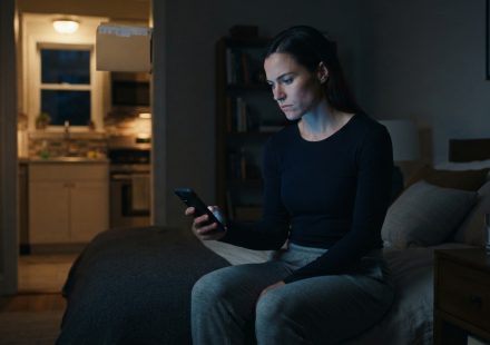 A woman looks at her buzzing phone late at night after her boyfriend texted the group chat to publicly end their relationship.