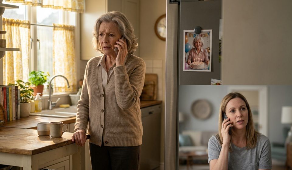 Grandmother on the phone explaining she couldn't watch the kids that Saturday because she had to attend her only sister's funeral.