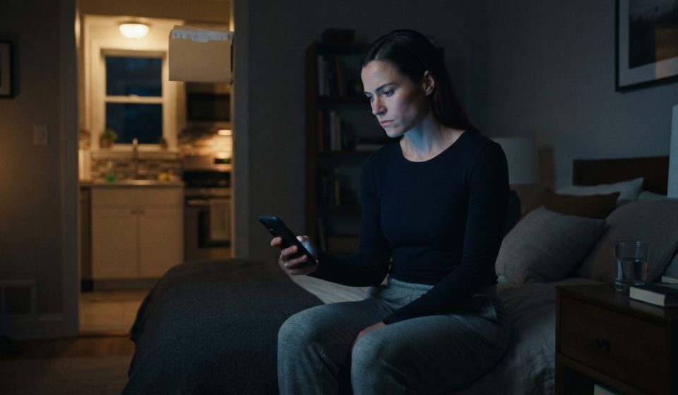 A woman looks at her buzzing phone late at night after her boyfriend texted the group chat to publicly end their relationship.