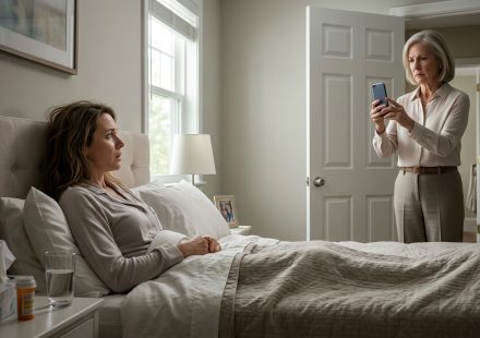 MIL posted a photo of me sick in bed while I was resting with a high fever and medicine beside me.