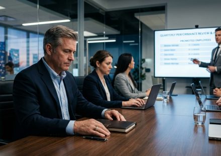 Gary sitting quietly at a quarterly review after realizing the promotion he was promised never happened.