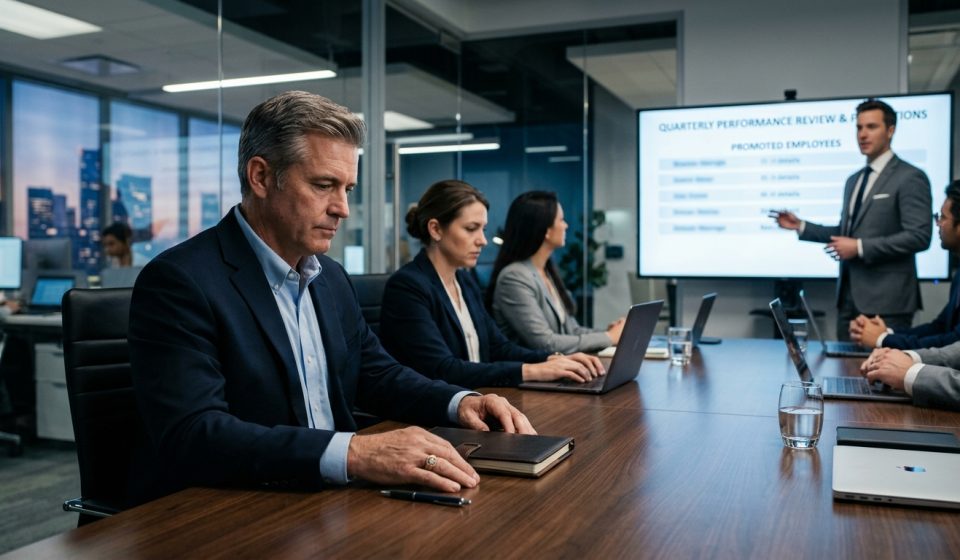 Gary sitting quietly at a quarterly review after realizing the promotion he was promised never happened.