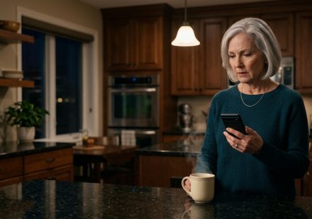 Older mother reading a painful message after her daughter wants to distance herself