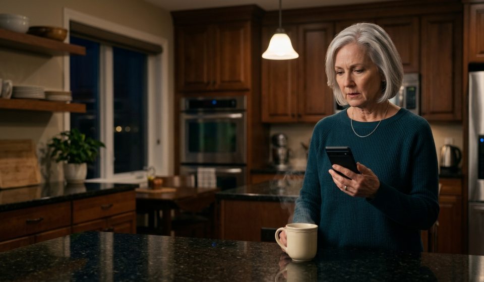Older mother reading a painful message after her daughter wants to distance herself