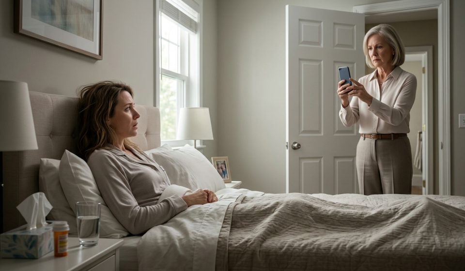 MIL posted a photo of me sick in bed while I was resting with a high fever and medicine beside me.
