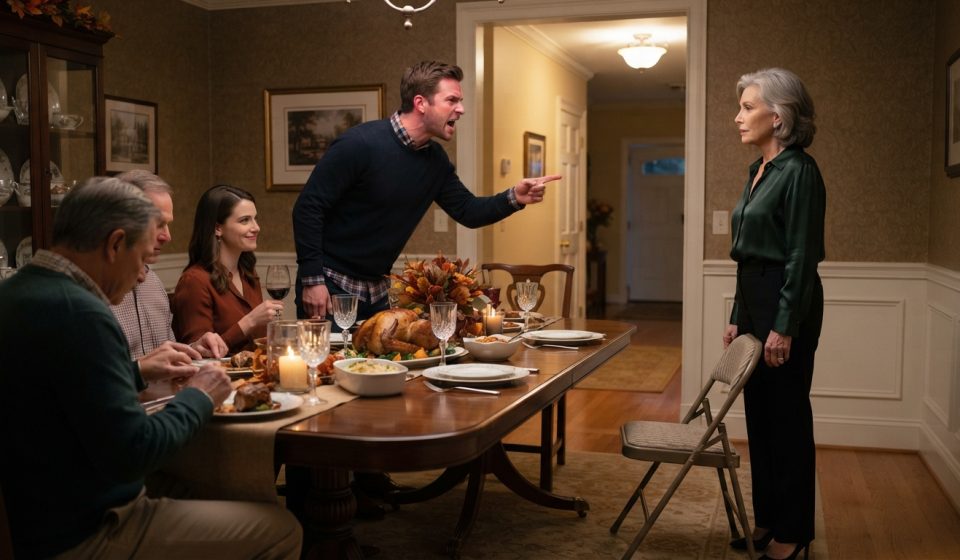 A composed 64-year-old mother facing her angry adult son across a Thanksgiving dining table inside her own home.