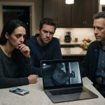 A worried mother and her husband watch as a detective examines suspicious security footage on a laptop late at night.