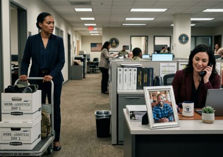 Woman discovering her husband's photo on a coworker's desk during her first day at a new military logistics office