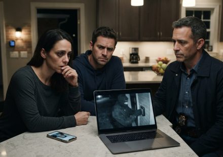 A worried mother and her husband watch as a detective examines suspicious security footage on a laptop late at night.