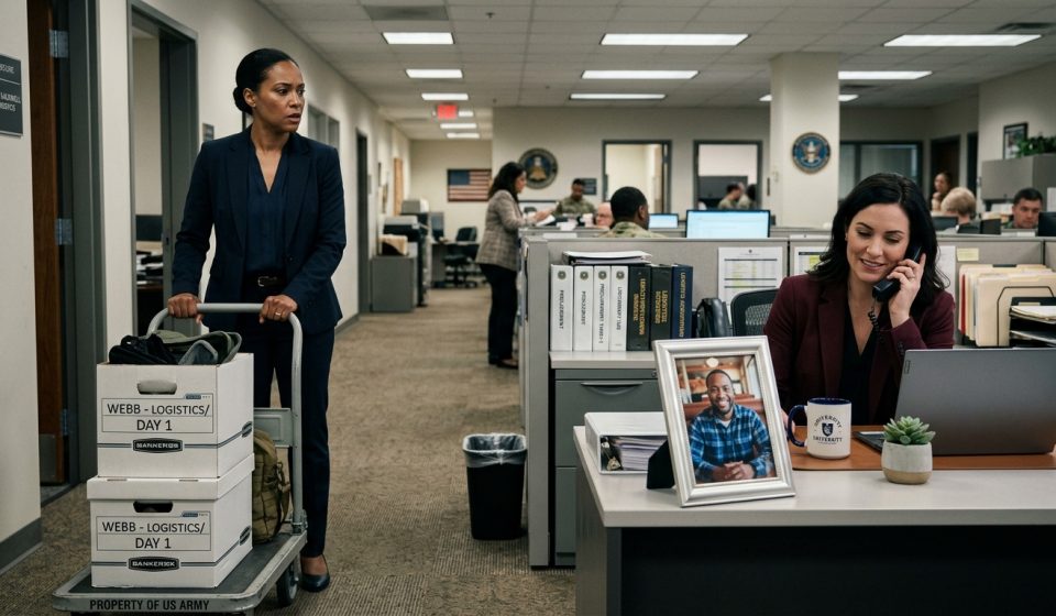 Woman discovering her husband's photo on a coworker's desk during her first day at a new military logistics office