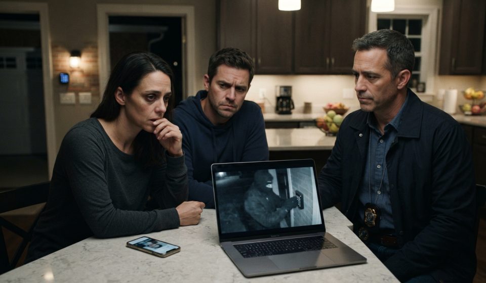A worried mother and her husband watch as a detective examines suspicious security footage on a laptop late at night.