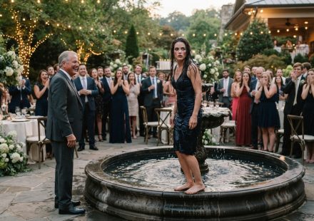 Waverly standing soaked beside a wedding fountain after her father pushed her into the water in front of laughing wedding guests.