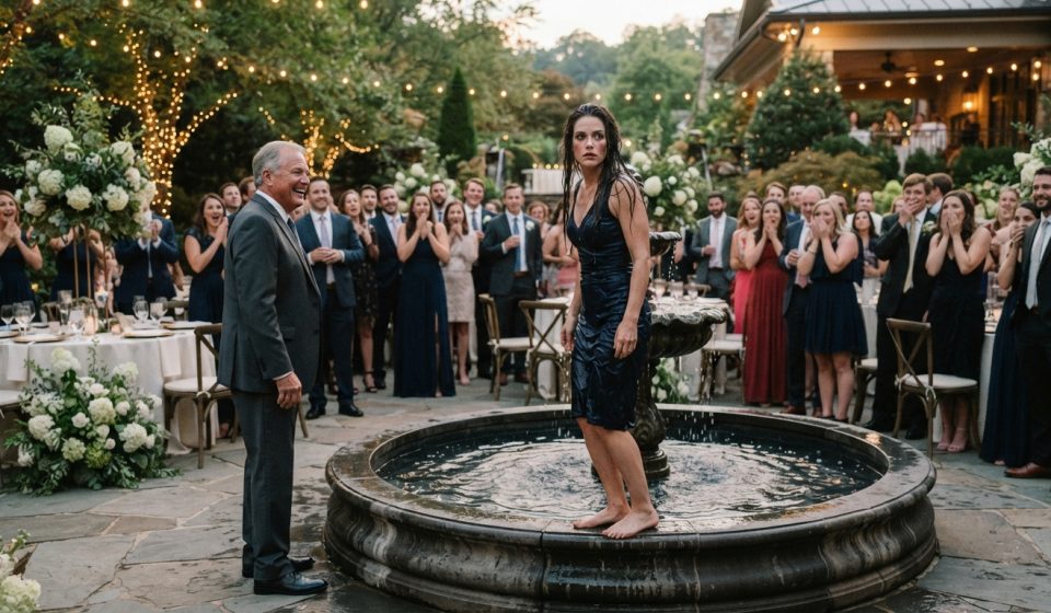 Waverly standing soaked beside a wedding fountain after her father pushed her into the water in front of laughing wedding guests.