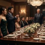 Woman in a dark green satin dress standing at a formal family dinner as her husband rises beside her with a glass raised toward her father.