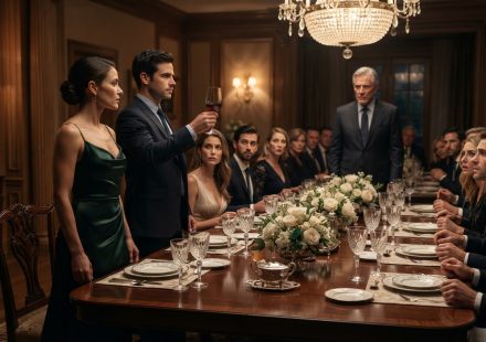 Woman in a dark green satin dress standing at a formal family dinner as her husband rises beside her with a glass raised toward her father.