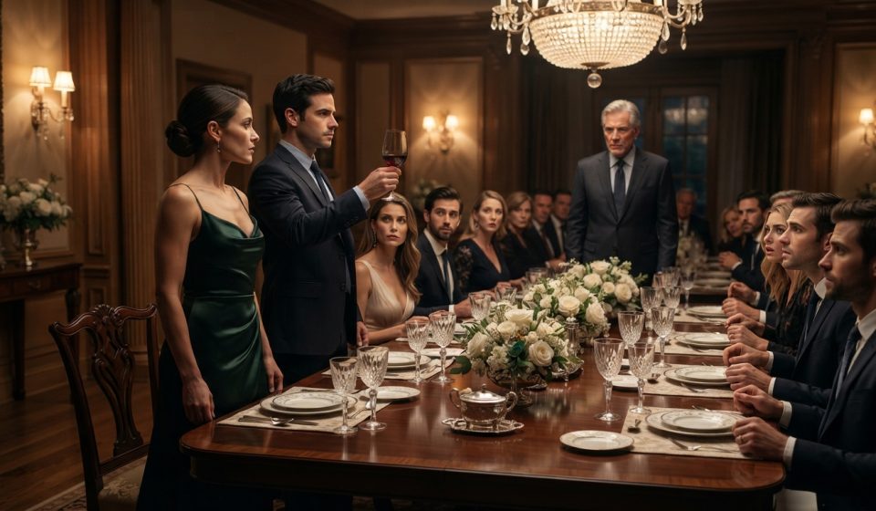 Woman in a dark green satin dress standing at a formal family dinner as her husband rises beside her with a glass raised toward her father.