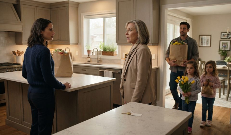 A shocked mother sees her daughter's husband and two young girls enter the kitchen after announcing her brother's family will be moving in.