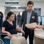 A pregnant woman in a hospital wheelchair watches uneasily as her husband hands a suspicious birth plan to an admitting nurse.