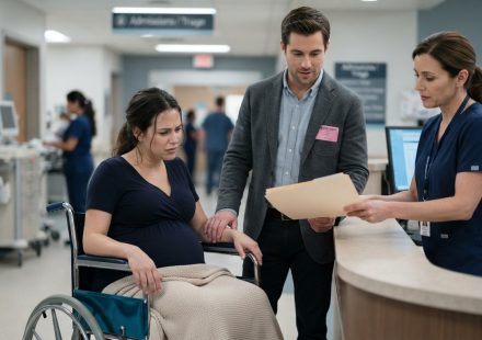 A pregnant woman in a hospital wheelchair watches uneasily as her husband hands a suspicious birth plan to an admitting nurse.