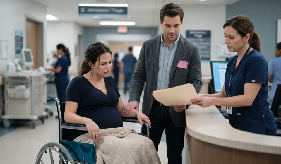 A pregnant woman in a hospital wheelchair watches uneasily as her husband hands a suspicious birth plan to an admitting nurse.