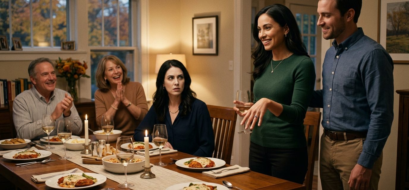 Tiana reveals her sapphire engagement ring at a family dinner while her older sister watches with a tense expression.