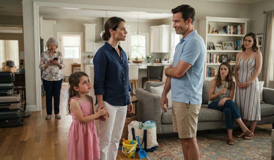 Protective mother holds her adopted daughter's hand after her brother says the child has no place at the beach house.