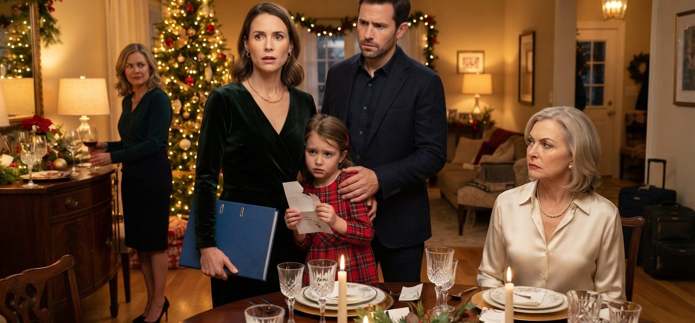 Mother and young daughter standing together during a tense Christmas dinner confrontation as her husband defends them from his family.