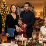 Mother and young daughter standing together during a tense Christmas dinner confrontation as her husband defends them from his family.