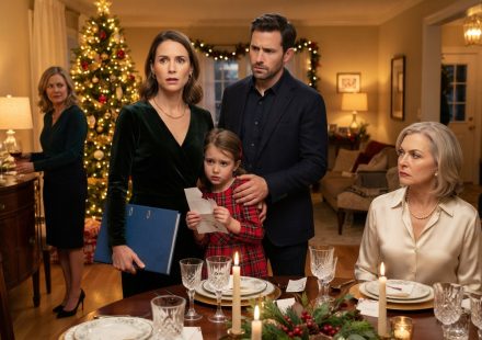 Mother and young daughter standing together during a tense Christmas dinner confrontation as her husband defends them from his family.