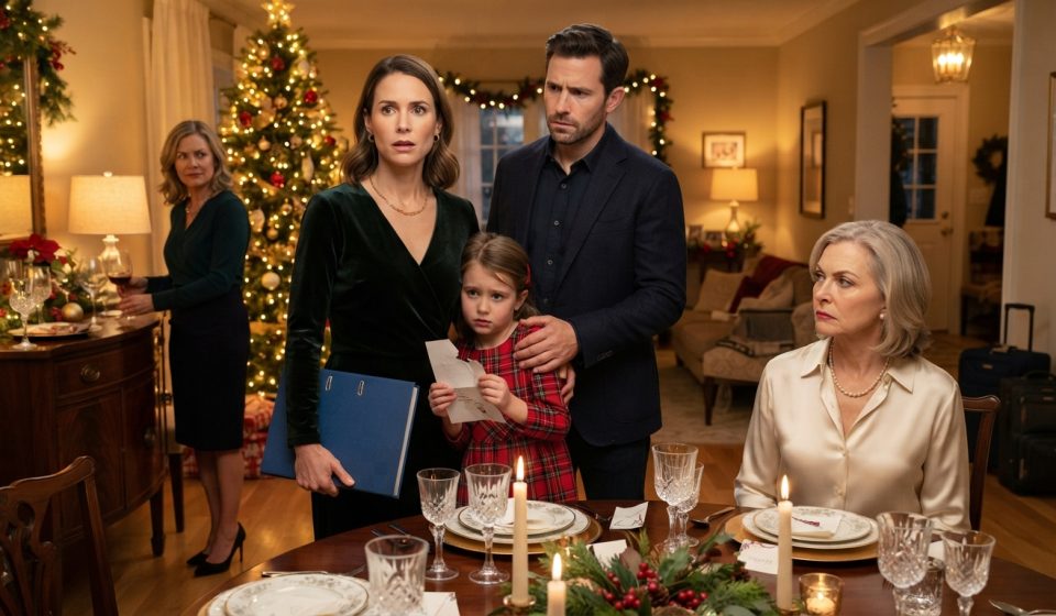 Mother and young daughter standing together during a tense Christmas dinner confrontation as her husband defends them from his family.