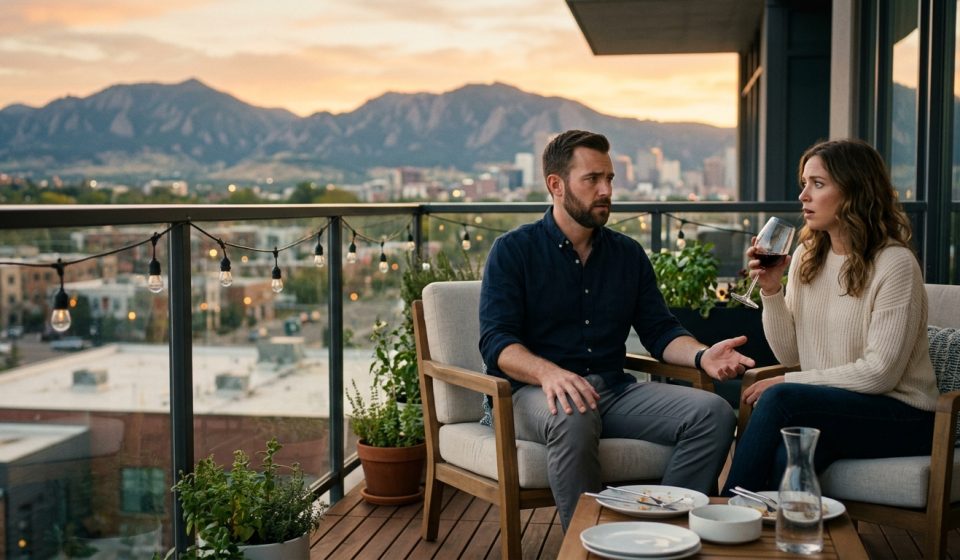 Man reacts during a tense balcony conversation after his girlfriend tells him she doesn't see a future with him.