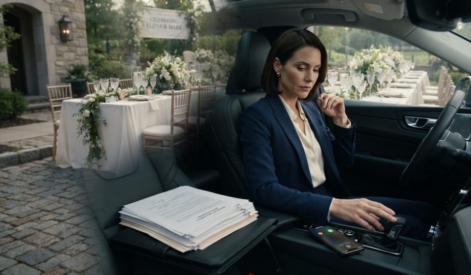 Woman sitting alone in her car with divorce papers after her mother-in-law threw a banquet to introduce her replacement.