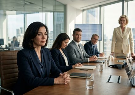 Female executive announces that the VP replaced me at negotiation while Jenny sits quietly across the corporate conference table.