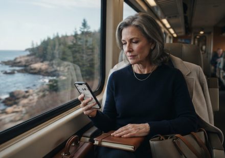 A mother looks at her phone on a coastal train after discovering that her daughter-in-law posted I was gone on social media.