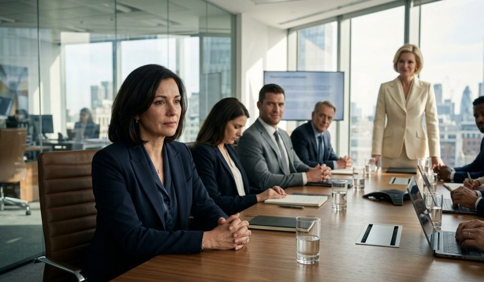 Female executive announces that the VP replaced me at negotiation while Jenny sits quietly across the corporate conference table.