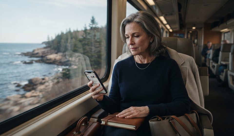 A mother looks at her phone on a coastal train after discovering that her daughter-in-law posted I was gone on social media.