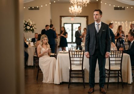 Groom looking toward the empty entrance after his parents skipped his wedding