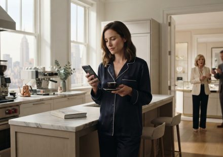 A successful woman in silk pajamas holds an espresso as her phone rings in her Manhattan apartment the morning after her divorce.