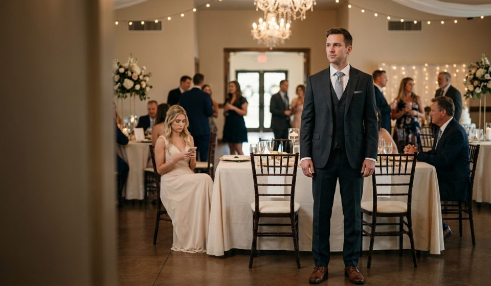 Groom looking toward the empty entrance after his parents skipped his wedding
