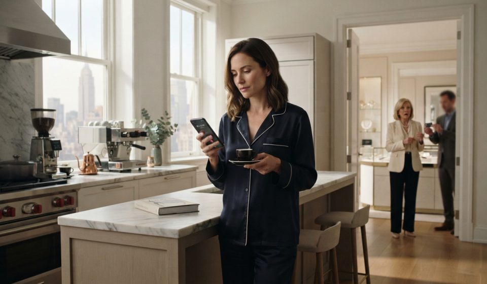 A successful woman in silk pajamas holds an espresso as her phone rings in her Manhattan apartment the morning after her divorce.