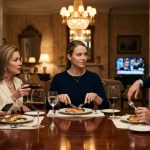 30-year-old investment professional calmly eats dinner while her wealthy family criticizes her Wall Street career and financial news plays behind them.
