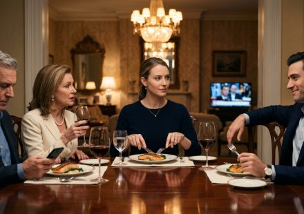 30-year-old investment professional calmly eats dinner while her wealthy family criticizes her Wall Street career and financial news plays behind them.