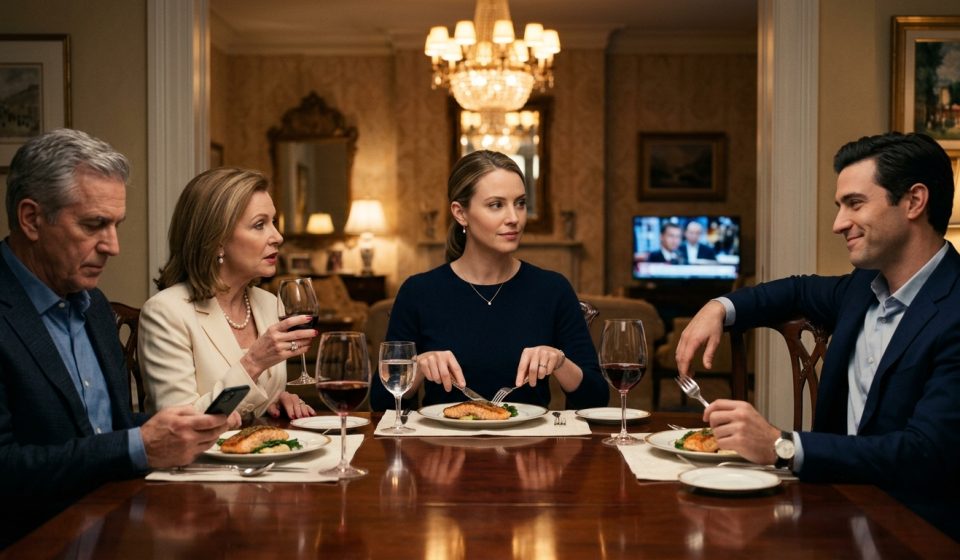 30-year-old investment professional calmly eats dinner while her wealthy family criticizes her Wall Street career and financial news plays behind them.