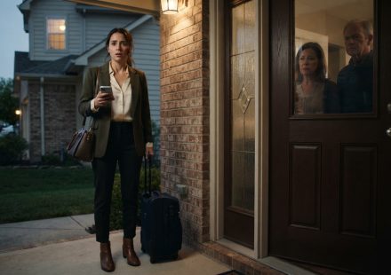 Woman standing outside her parents' home after they refuse to let her inside following her husband's affair.