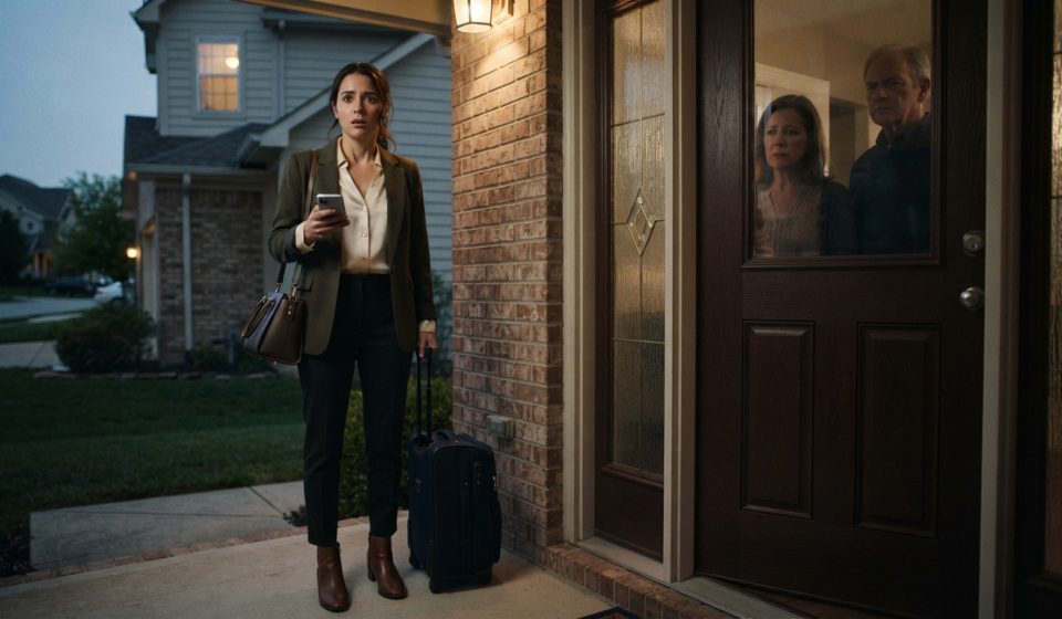 Woman standing outside her parents' home after they refuse to let her inside following her husband's affair.