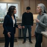 Meredith stands firmly in her kitchen as her furious daughter-in-law confronts her over money for a luxury Europe trip while her son looks away.