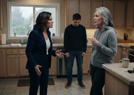 Meredith stands firmly in her kitchen as her furious daughter-in-law confronts her over money for a luxury Europe trip while her son looks away.