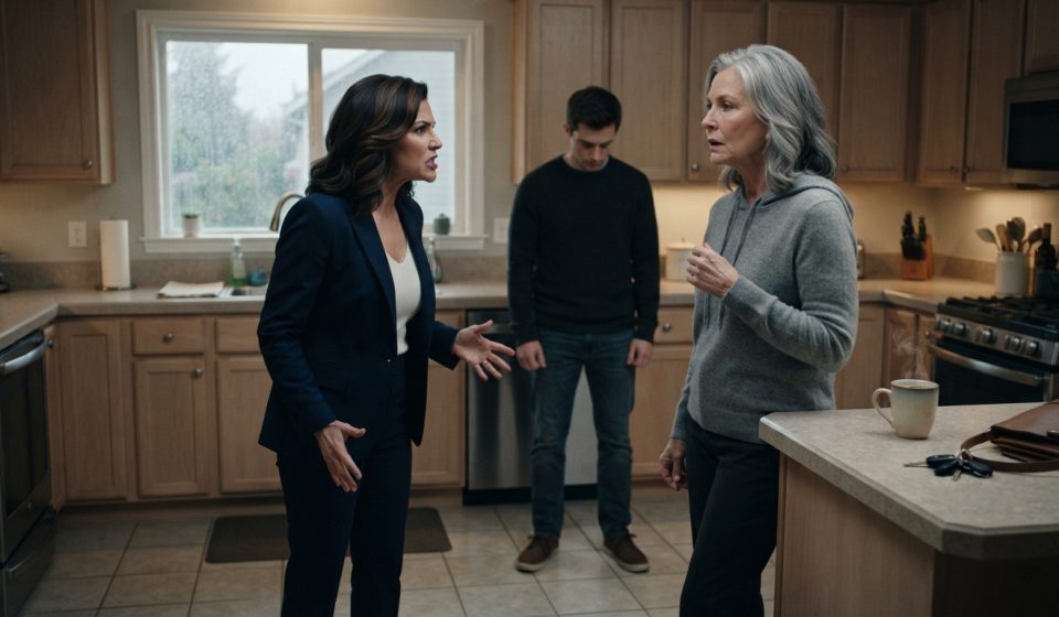 Meredith stands firmly in her kitchen as her furious daughter-in-law confronts her over money for a luxury Europe trip while her son looks away.