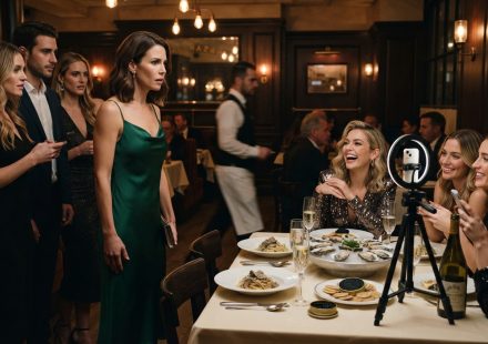 Donna arrives at her birthday dinner and finds her influencer sister and several friends gathered around the restaurant table with a ring light.